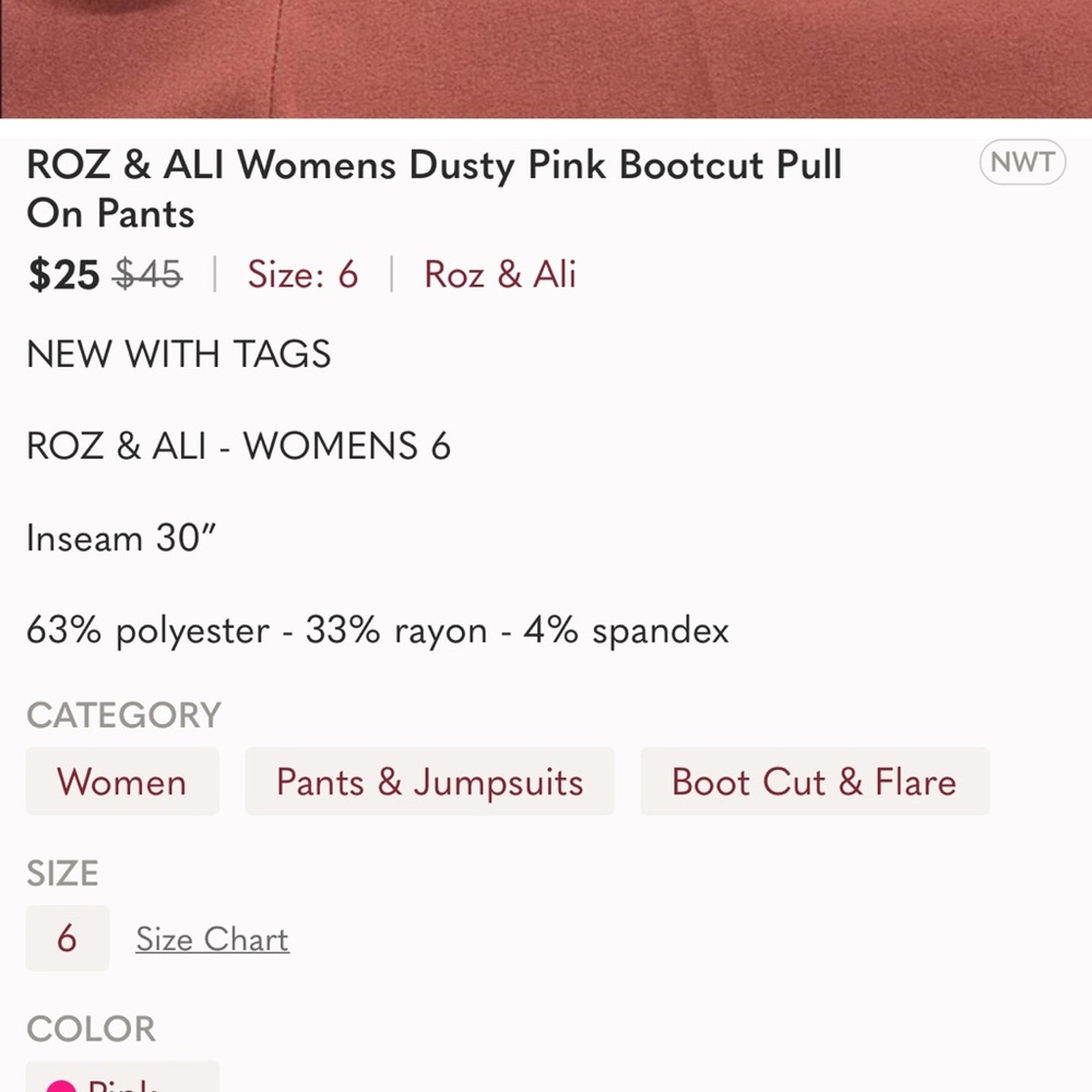 Roz & Ali Women’s 6 Dusty Pink Pull On Pant — image 4 of 4